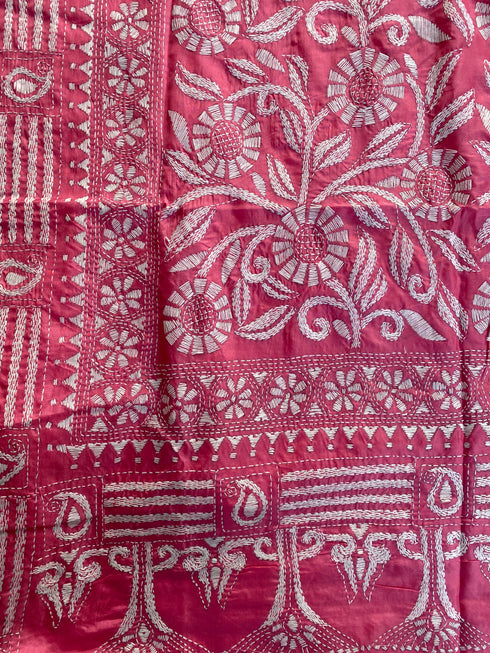 Blush Pink Floral Kantha Silk Saree from Bengal
